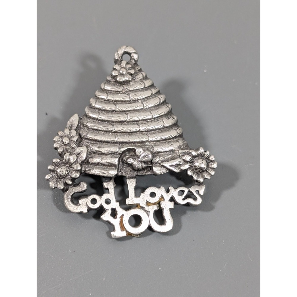 Vintage Silver‎ Tone God Loves You Bee Hive Flower Brooch Pin | Inspirational